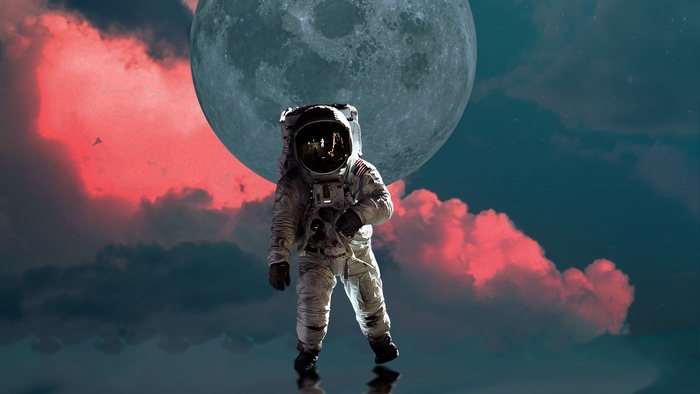 Astronaut in front of the moon and clouds
