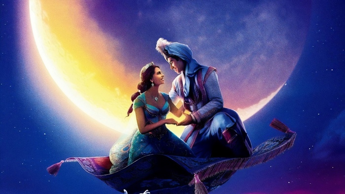 Aladdin and Jasmine flying on a magic carpet