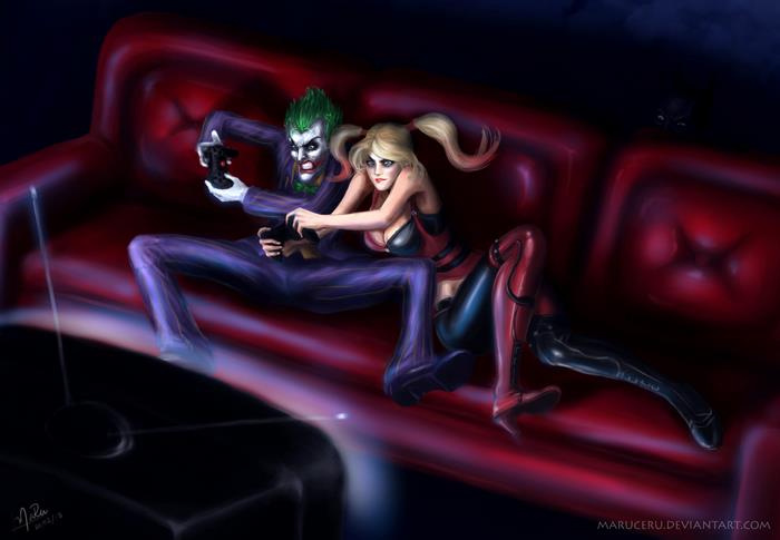 Joker and Harley Quinn playing video games on a couch