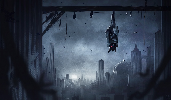Vampire hanging in a dark, gothic city