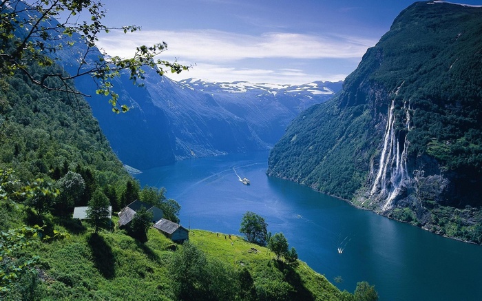 Geirangerfjord with Seven Sisters waterfall and boats