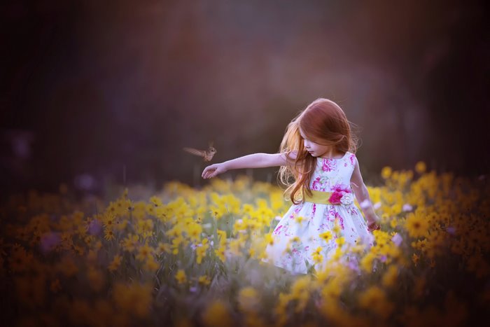 Little Girl in Flower Field with Bird