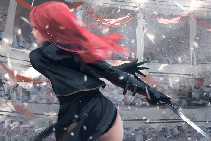 Anime girl with red hair and swords
