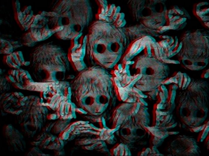 Creepy dolls with large eyes and hands