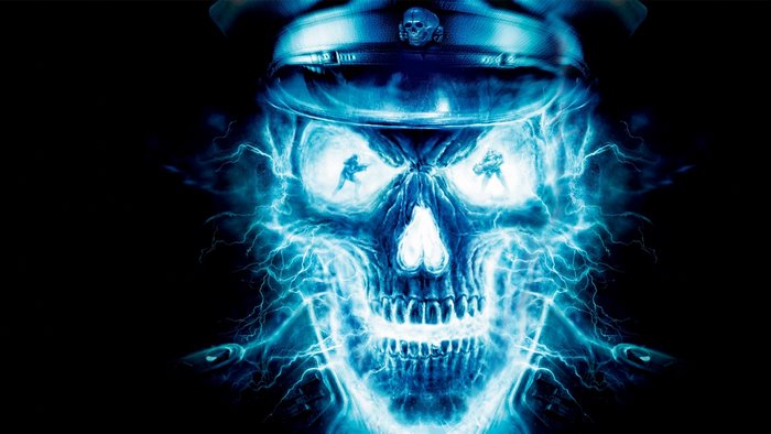 Blue electric skull with soldiers in eyes
