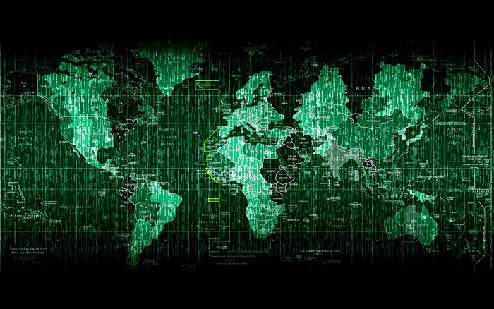 Digital Matrix World Map with Hacking Theme