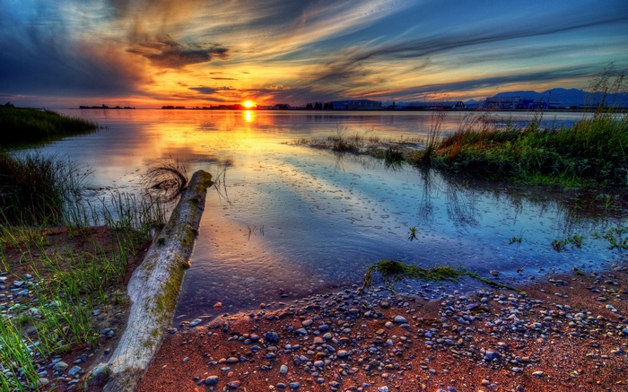 Sunset over a calm body of water with a log on the shore