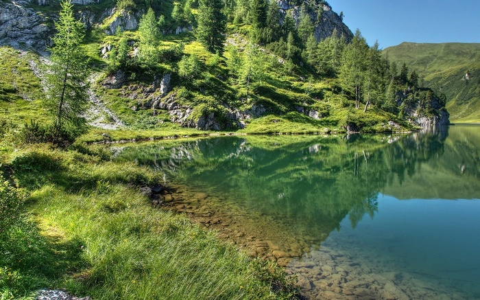 Mountain lake with trees and reflections