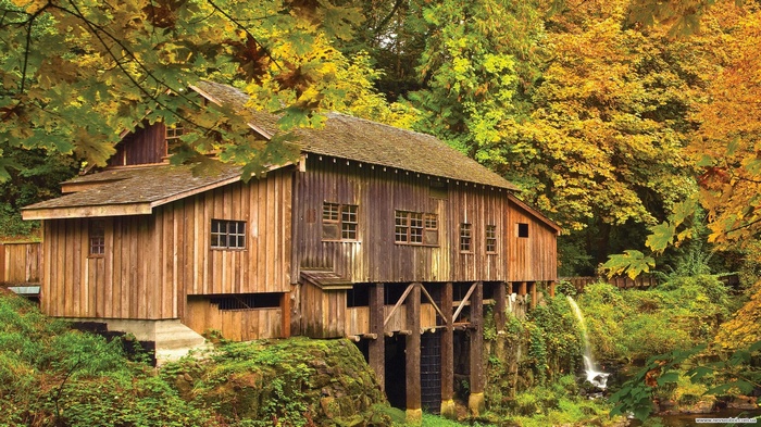 Wooden Mill by Waterfall in Autumn Forest