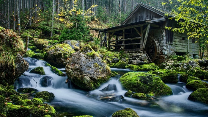 Old watermill by a stream in a forest