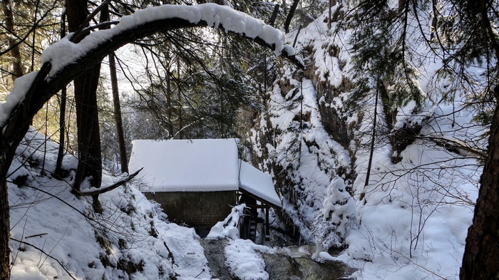 Snowy forest with a watermill