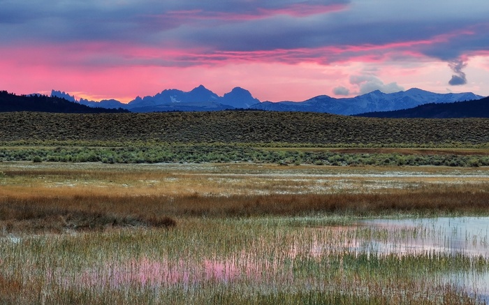 Mountain range at sunset over a marshy field