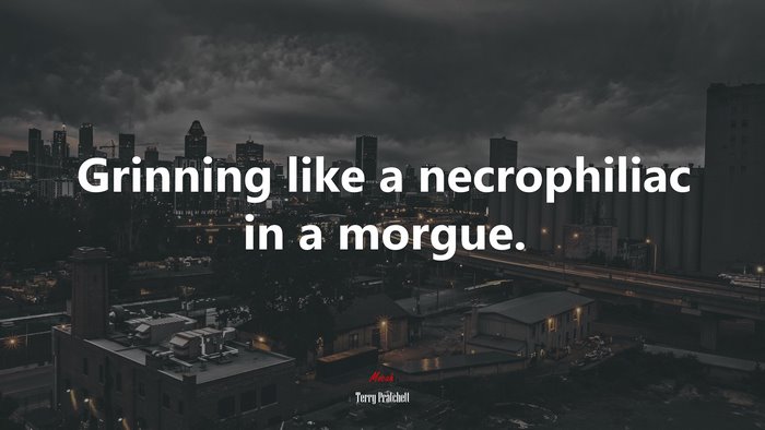 Grinning like a necrophiliac in a morgue. | Terry Pratchett quote