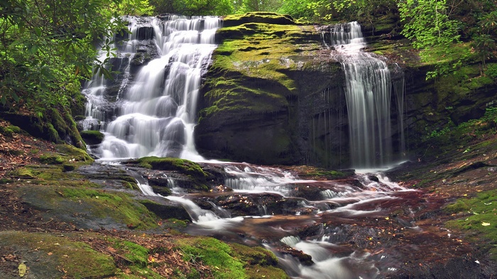 Waterfall cascading over moss-covered rocks in a forest