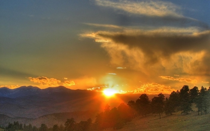 Sunset over mountains and pine trees