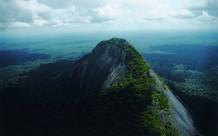 Aerial view of a large, steep mountain peak covered in vegetation