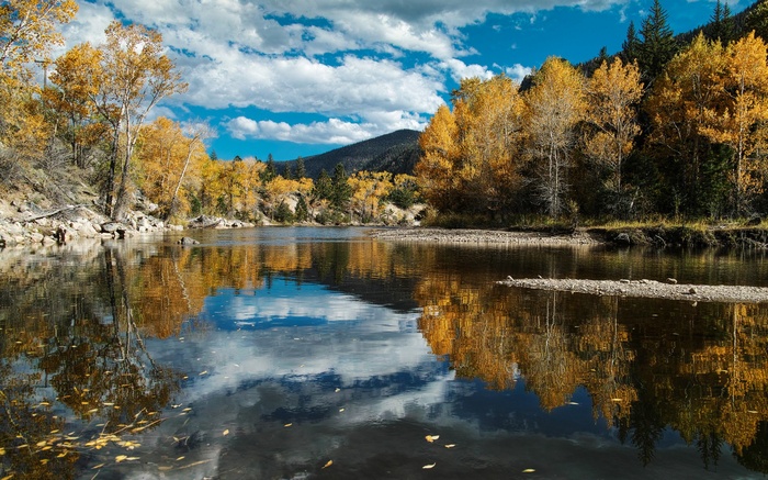 River reflecting autumn trees and sky