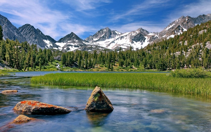 Mountain lake with snow-capped peaks and pine forest