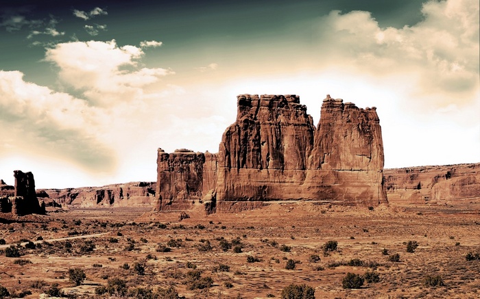 Desert landscape with rock formations and sparse vegetation
