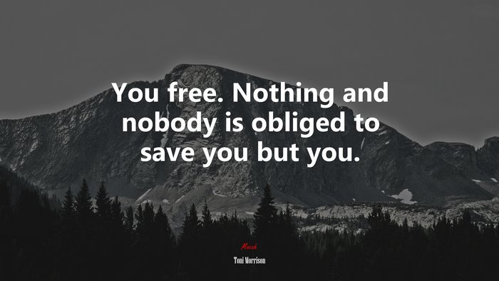 You free. Nothing and nobody is obliged to save you but you. | Toni Morrison quote