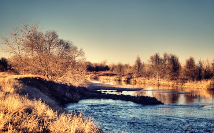 River flowing through a landscape with bare trees