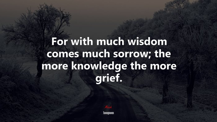 For with much wisdom comes much sorrow; the more knowledge the more grief. | Anonymous quote