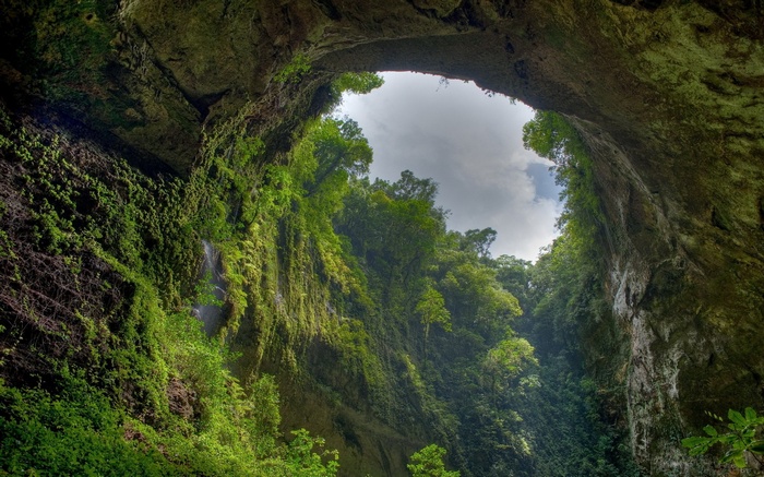 Cave opening with lush green vegetation and sky