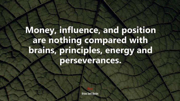 Money, influence, and position are nothing compared with brains, principles, energy and perseverances. | Orison Swett Marden quote