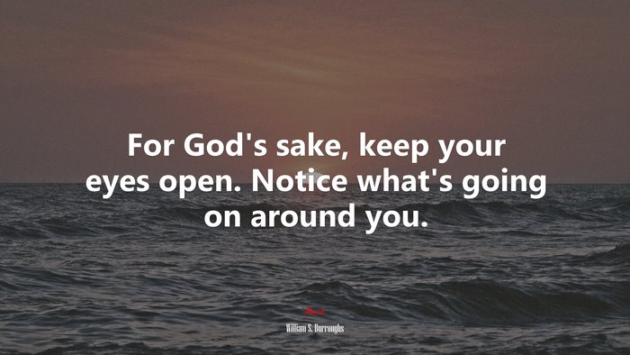 For God’s sake, keep your eyes open. Notice what’s going on around you. | William S. Burroughs quote