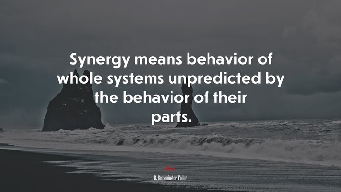 Synergy means behavior of whole systems unpredicted by the behavior of their parts. | R. Buckminster Fuller quote