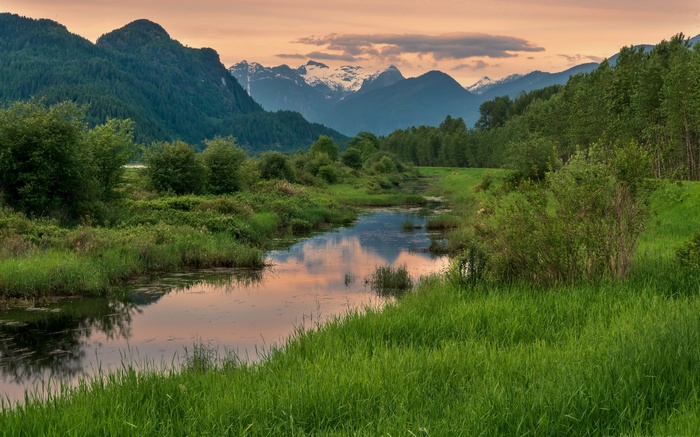 River flowing through a green landscape with mountains at sunset