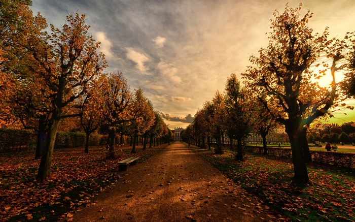 Autumn park pathway with trees and a building