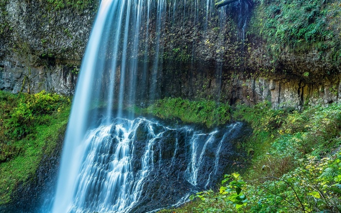 Waterfall cascading over mossy rocks and greenery