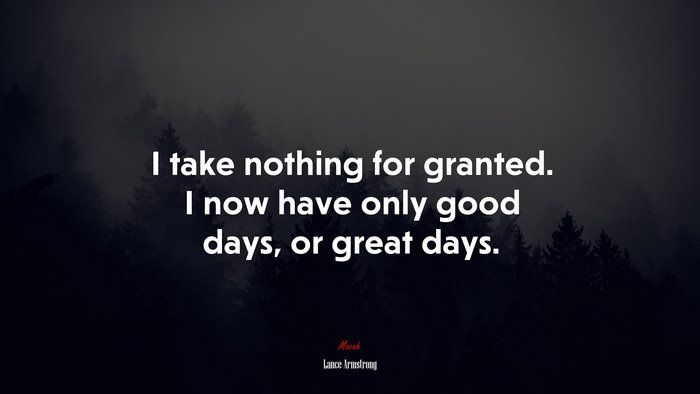 I take nothing for granted. I now have only good days, or great days. | Lance Armstrong quote