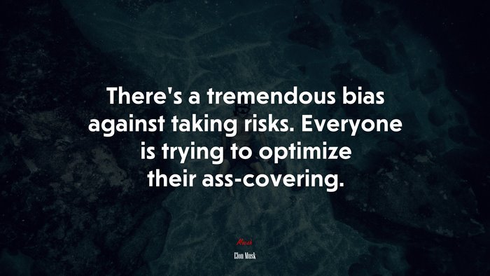 There’s a tremendous bias against taking risks. Everyone is trying to optimize their ass-covering. | Elon Musk quote