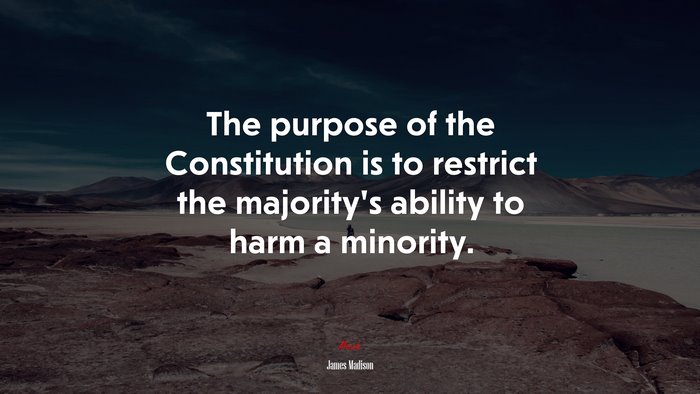 The purpose of the Constitution is to restrict the majority’s ability to harm a minority. | James Madison quote