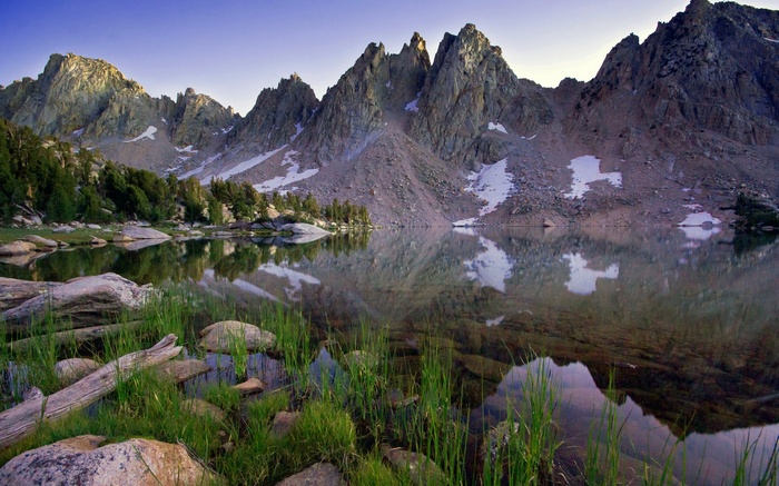 Mountain lake with reflections and rocky shore