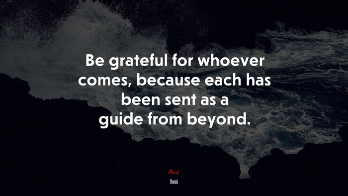 Be grateful for whoever comes, because each has been sent as a guide from beyond. | Rumi quote