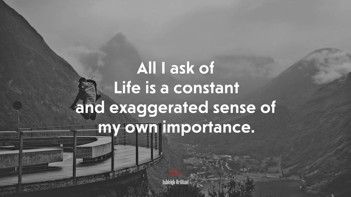 All I ask of Life is a constant and exaggerated sense of my own importance. | Ashleigh Brilliant quote