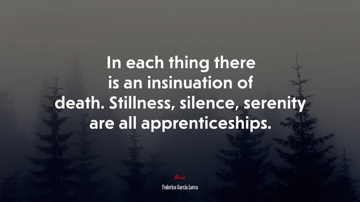 In each thing there is an insinuation of death. Stillness, silence, serenity are all apprenticeships. | Federico García Lorca quote