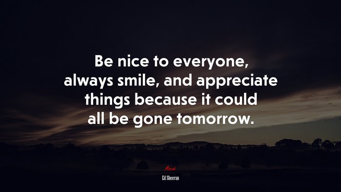 Be nice to everyone, always smile, and appreciate things because it could all be gone tomorrow. | Ed Sheeran quote