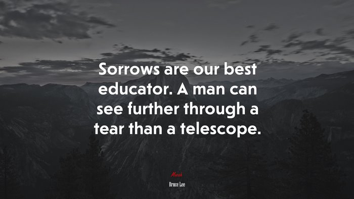 Sorrows are our best educator. A man can see further through a tear than a telescope. | Bruce Lee quote
