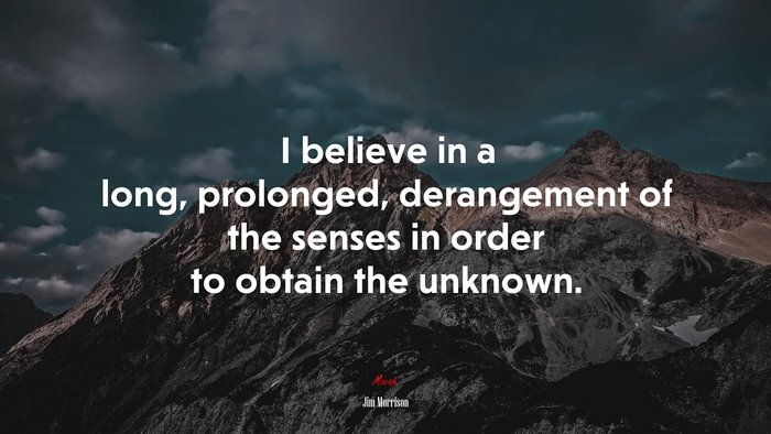 I believe in a long, prolonged, derangement of the senses in order to obtain the unknown. | Jim Morrison quote