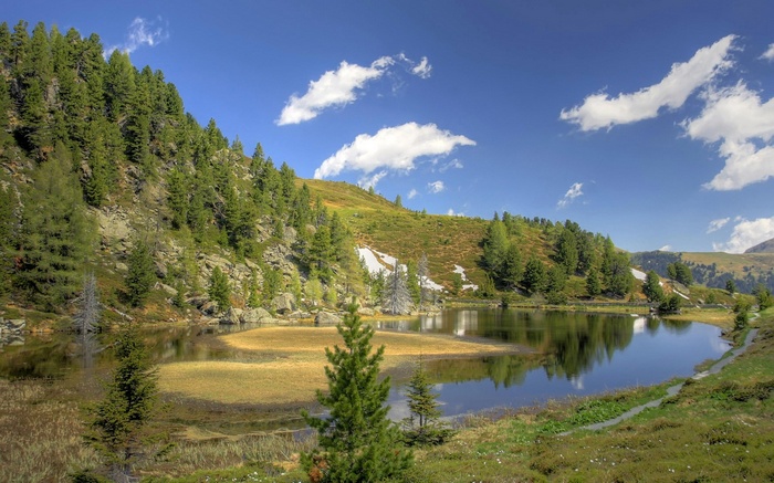 Mountain lake with pine trees and blue sky