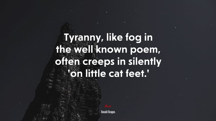 Tyranny, like fog in the well known poem, often creeps in silently ‘on little cat feet.’ | Ronald Reagan quote