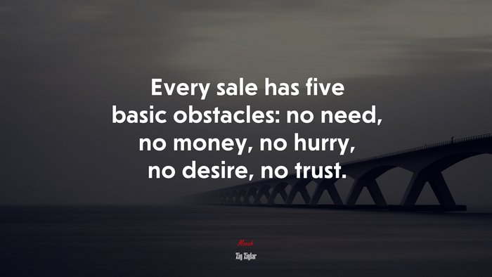Every sale has five basic obstacles: no need, no money, no hurry, no desire, no trust. | Zig Ziglar quote