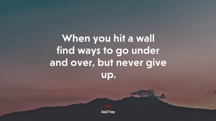 When you hit a wall find ways to go under and over, but never give up. | Donald Trump quote