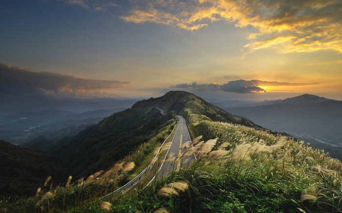 Mountain road at sunset with tall grass