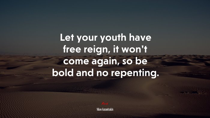 Let your youth have free reign, it won’t come again, so be bold and no repenting. | Nikos Kazantzakis quote
