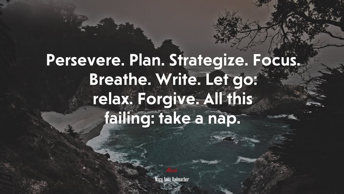 Persevere. Plan. Strategize. Focus. Breathe. Write. Let go: relax. Forgive. All this failing: take a nap. | Mary Anne Radmacher quote